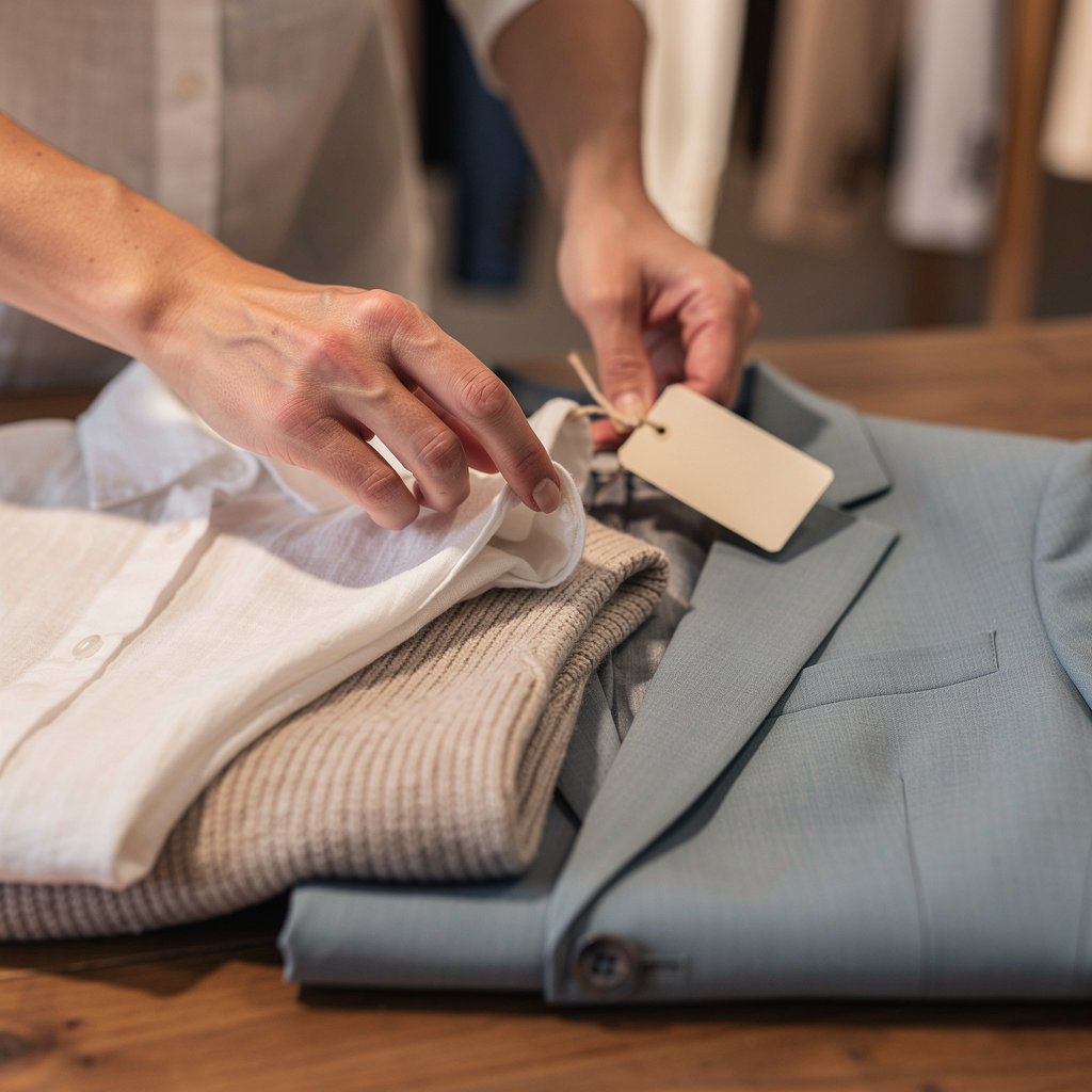 2001 Clothes Etc boutique owner carefully selecting unique clothing items for the Santa Barbara community